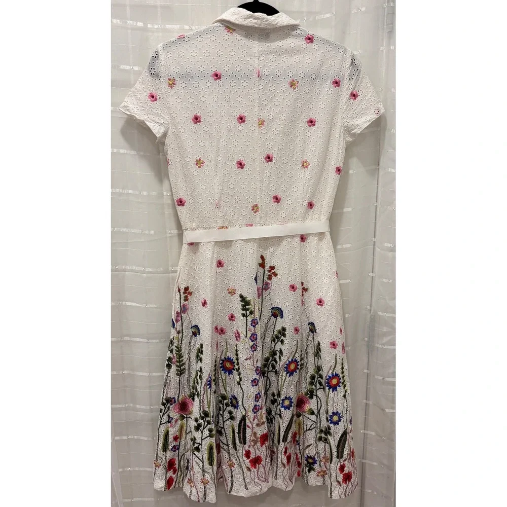 Tahari Arthur S Levine Petite Floral Eyelet Cotton Shirt Dress White Embroidered